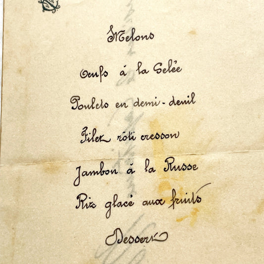 1900s - Handwritten Menu Card for a Formal Meal - French Cuisine from the Belle Époque - Vintage Historical Dinner Ephemera
