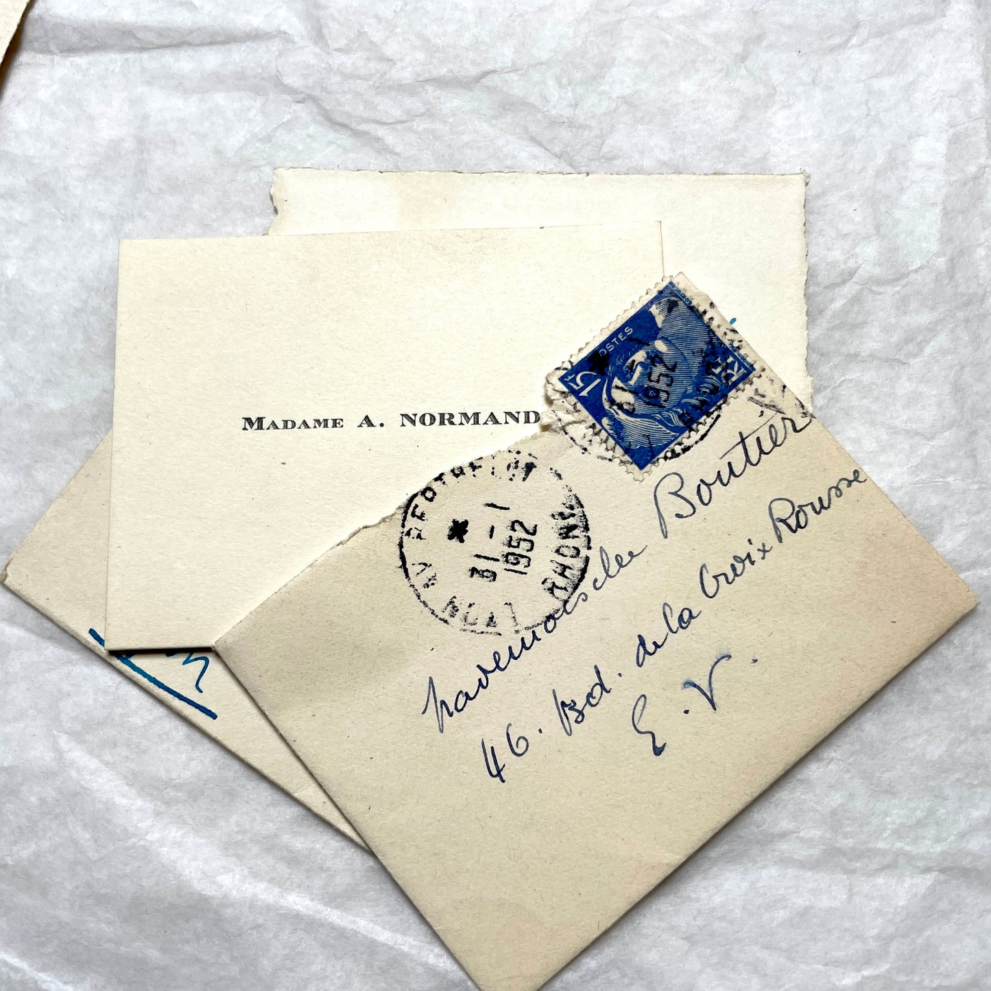 1950s vintage French envelopes lot with handwritten notes, old stamps, and historical postmarks from France.