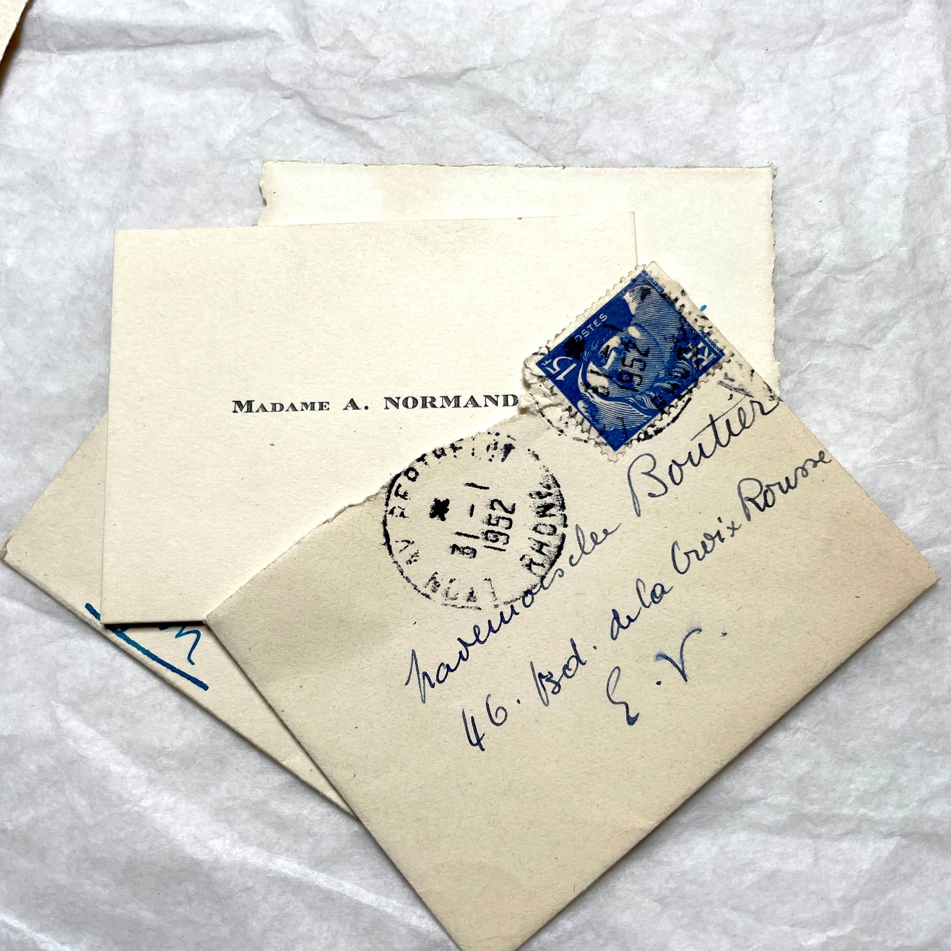 1950s vintage French envelopes lot with handwritten notes, old stamps, and historical postmarks from France.