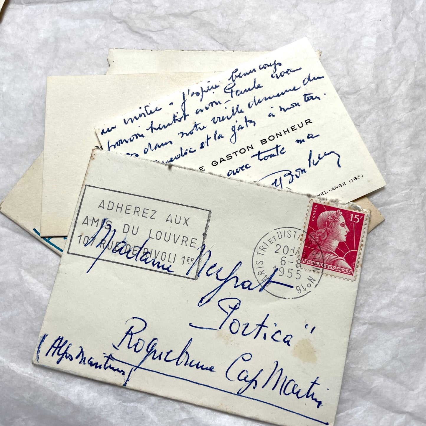 1950s vintage French envelopes lot with handwritten notes, old stamps, and historical postmarks from France.