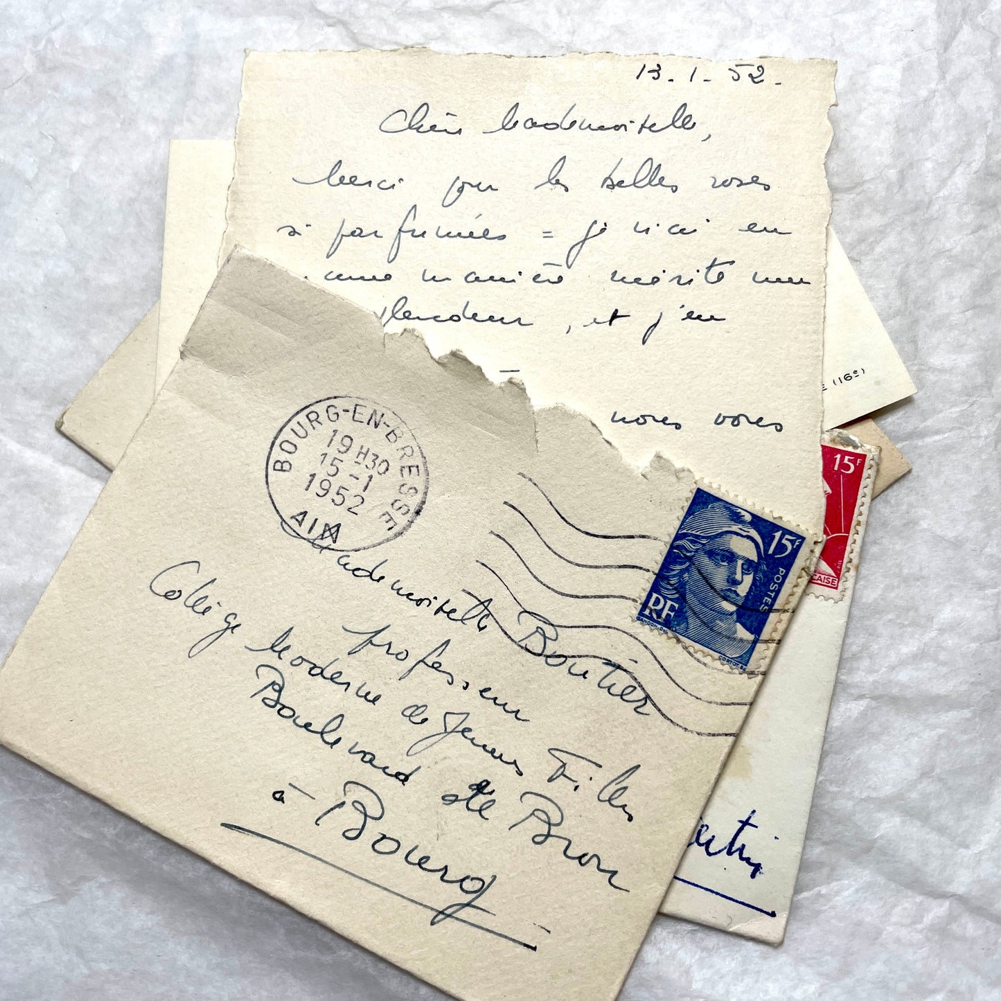1950s vintage French envelopes lot with handwritten notes, old stamps, and historical postmarks from France.