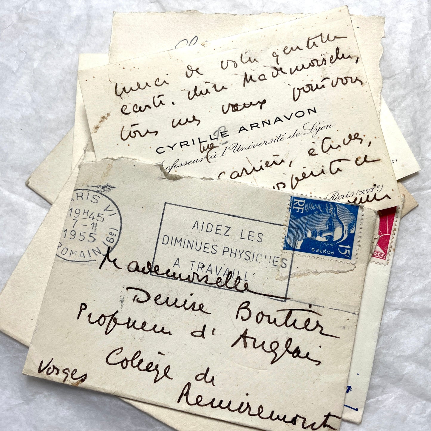 1950s vintage French envelopes lot with handwritten notes, old stamps, and historical postmarks from France.