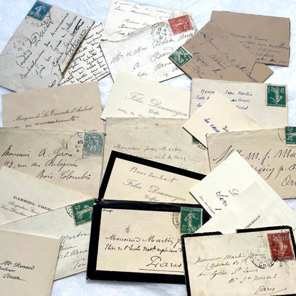 1930s French envelopes and handwritten notes lot, featuring vintage stamps and antique calligraphy addresses.
