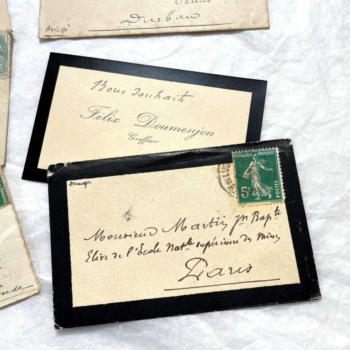 1930s French envelopes and handwritten notes lot, featuring vintage stamps and antique calligraphy addresses.