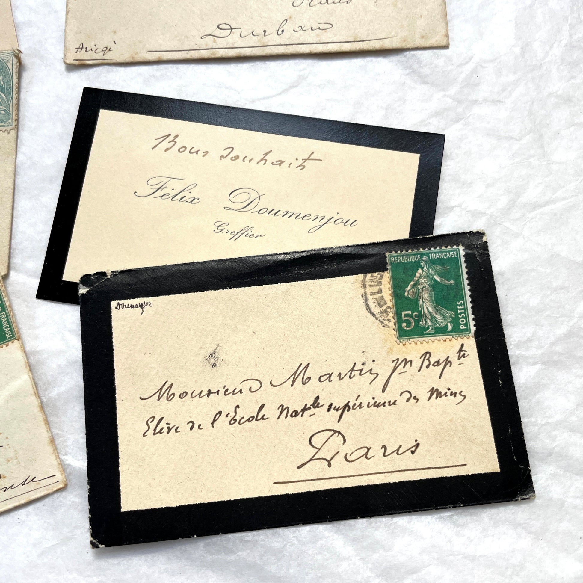 1930s French envelopes and handwritten notes lot, featuring vintage stamps and antique calligraphy addresses.