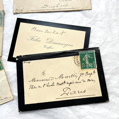 1930s French envelopes and handwritten notes lot, featuring vintage stamps and antique calligraphy addresses.