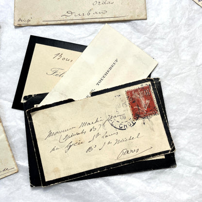 1930s French envelopes and handwritten notes lot, featuring vintage stamps and antique calligraphy addresses.