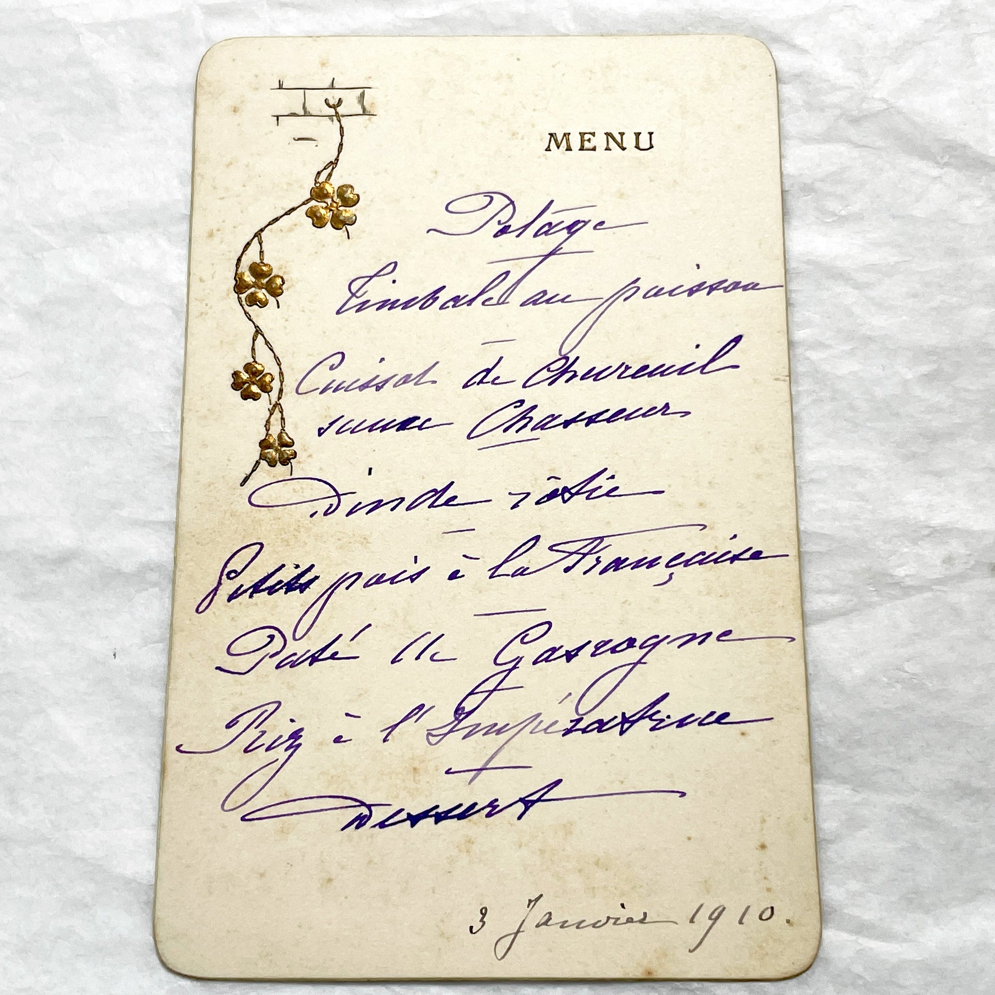 1910s - Antique French Menu Card from 1910 - Hand-Written Dinner Selection - Elegant Culinary History - Vintage Dining Memorabilia