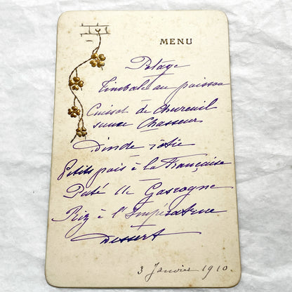 1910s - Antique French Menu Card from 1910 - Hand-Written Dinner Selection - Elegant Culinary History - Vintage Dining Memorabilia