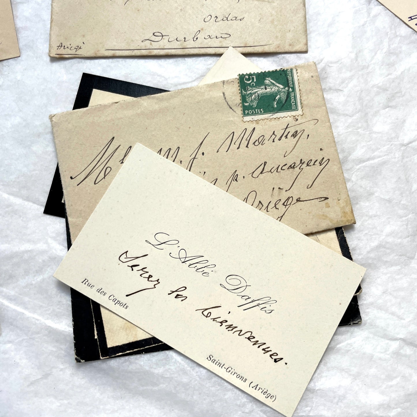 1930s French envelopes and handwritten notes lot, featuring vintage stamps and antique calligraphy addresses.