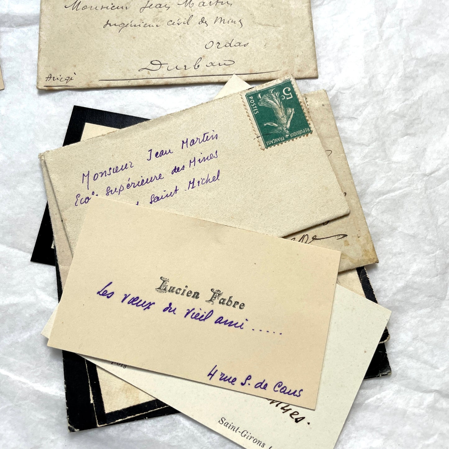 1930s French envelopes and handwritten notes lot, featuring vintage stamps and antique calligraphy addresses.