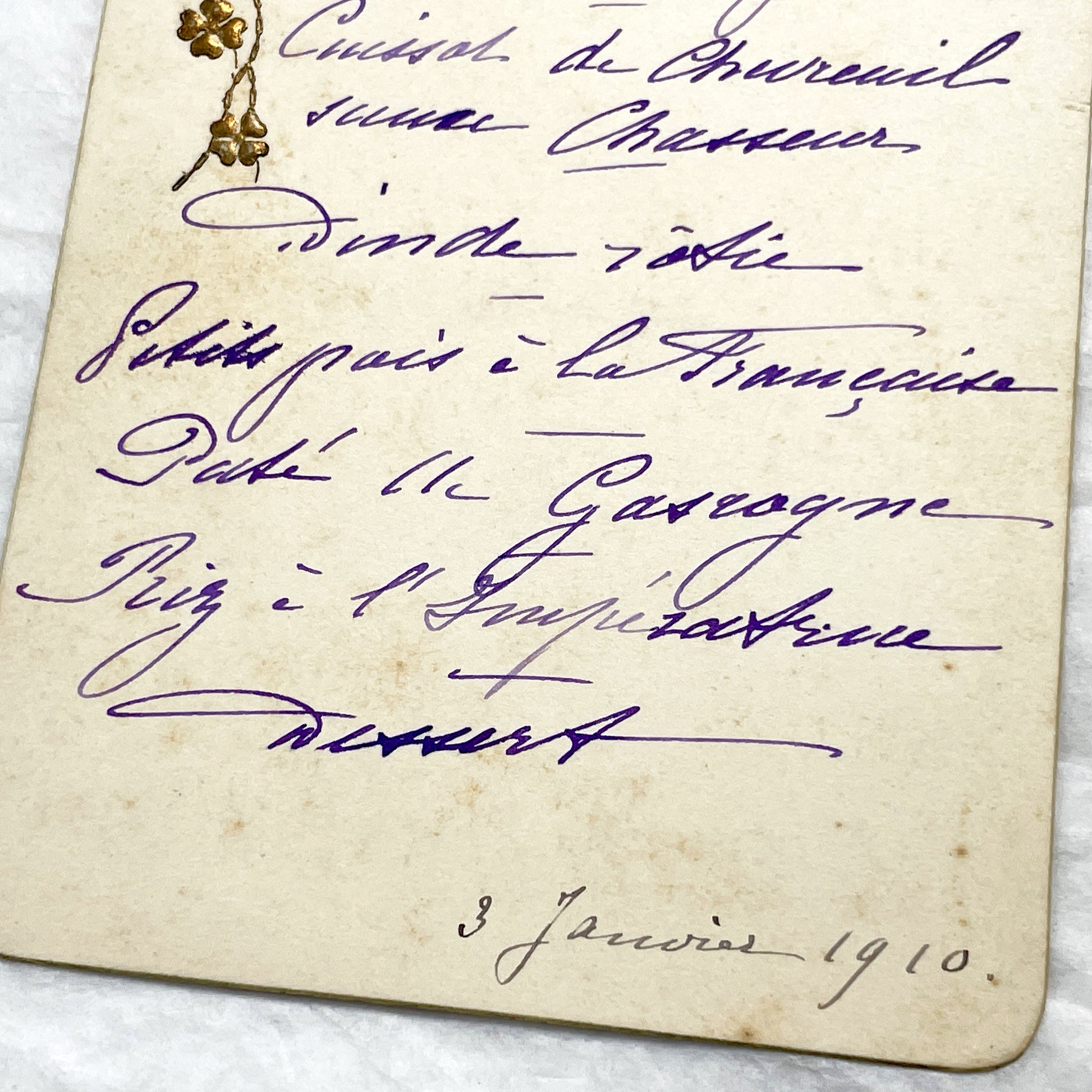 1910s - Antique French Menu Card from 1910 - Hand-Written Dinner Selection - Elegant Culinary History - Vintage Dining Memorabilia