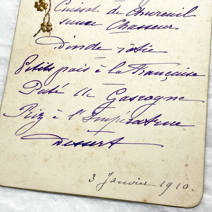 1910s - Antique French Menu Card from 1910 - Hand-Written Dinner Selection - Elegant Culinary History - Vintage Dining Memorabilia