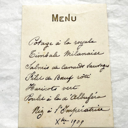 1900s - Vintage French Handwritten Menu Card - Elegant Dining Experience Featuring Classic French Cuisine - Historical Culinary Document