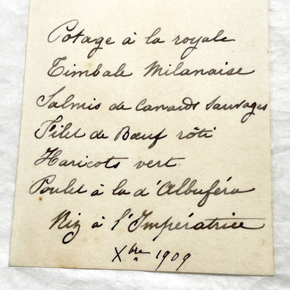 1900s - Vintage French Handwritten Menu Card - Elegant Dining Experience Featuring Classic French Cuisine - Historical Culinary Document