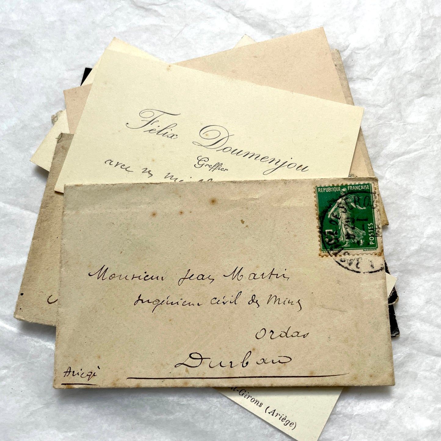 1930s French envelopes and handwritten notes lot, featuring vintage stamps and antique calligraphy addresses.