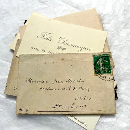 1930s French envelopes and handwritten notes lot, featuring vintage stamps and antique calligraphy addresses.