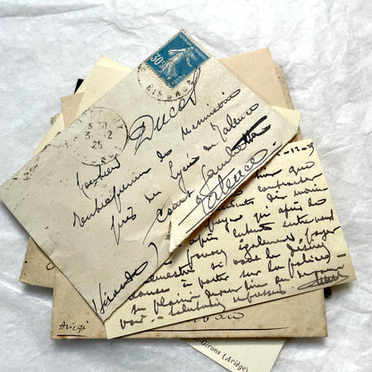 1930s French envelopes and handwritten notes lot, featuring vintage stamps and antique calligraphy addresses.