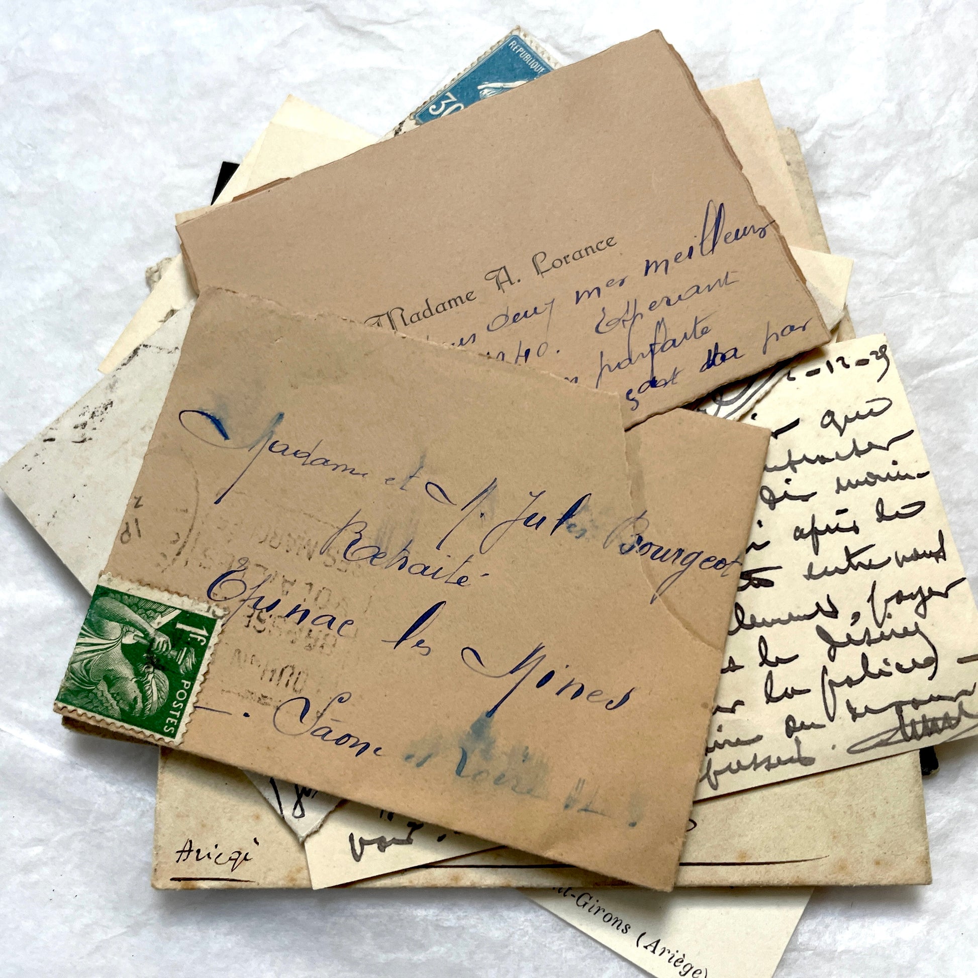 1930s French envelopes and handwritten notes lot, featuring vintage stamps and antique calligraphy addresses.