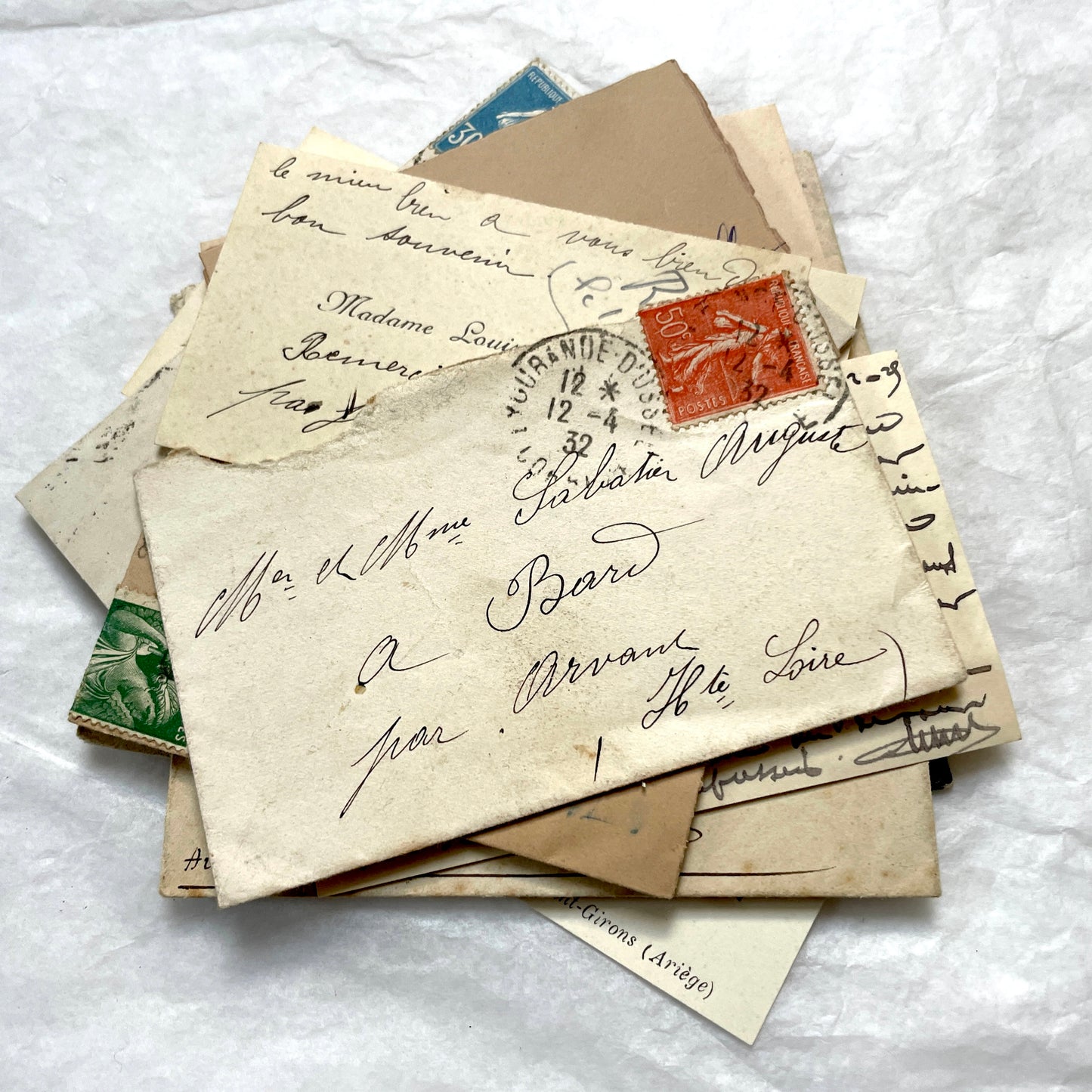 1930s French envelopes and handwritten notes lot, featuring vintage stamps and antique calligraphy addresses.