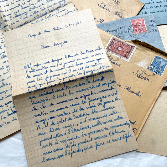Set of 5 French letters from the 1940s, featuring handwritten script, vintage stamps, and Tunisian postmarks.