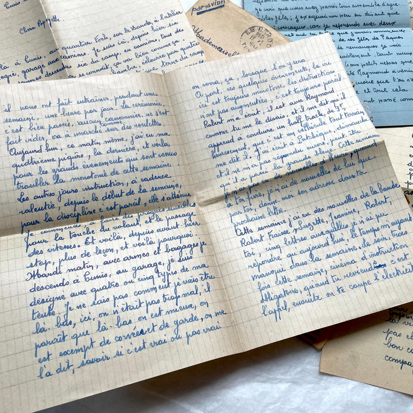 Set of 5 French letters from the 1940s, featuring handwritten script, vintage stamps, and Tunisian postmarks.