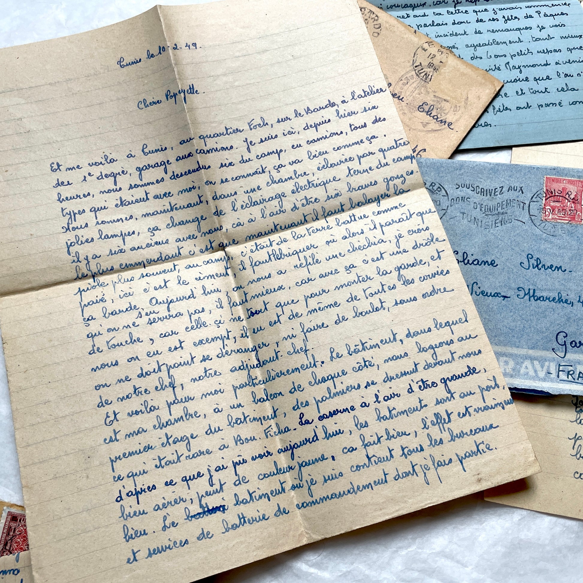 Set of 5 French letters from the 1940s, featuring handwritten script, vintage stamps, and Tunisian postmarks.