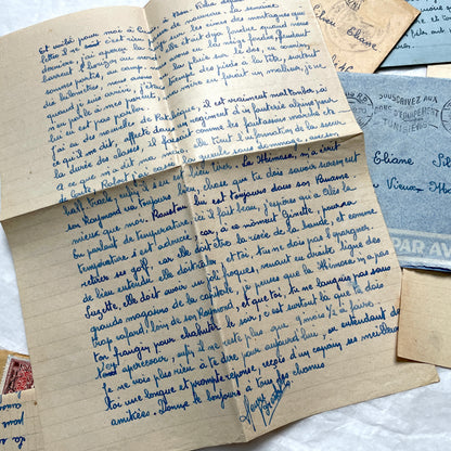 Set of 5 French letters from the 1940s, featuring handwritten script, vintage stamps, and Tunisian postmarks.