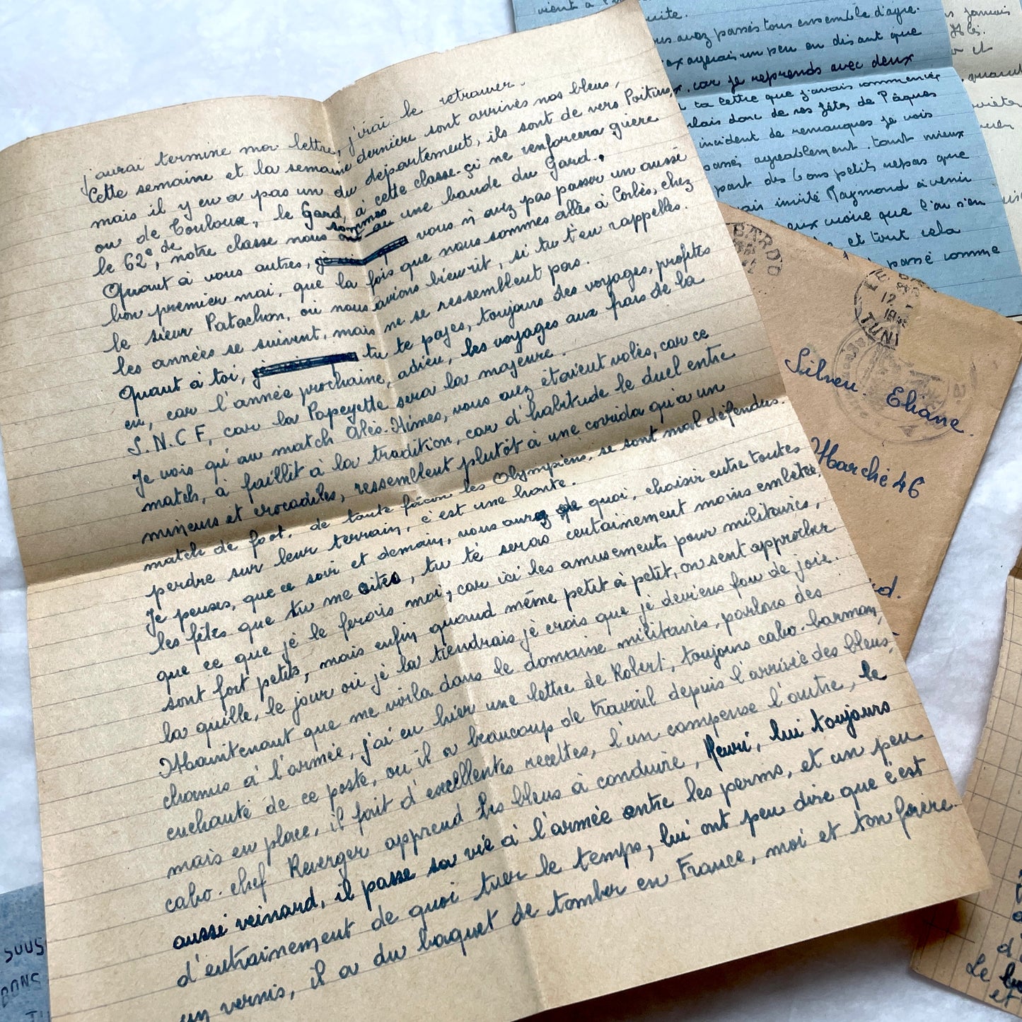 Set of 5 French letters from the 1940s, featuring handwritten script, vintage stamps, and Tunisian postmarks.