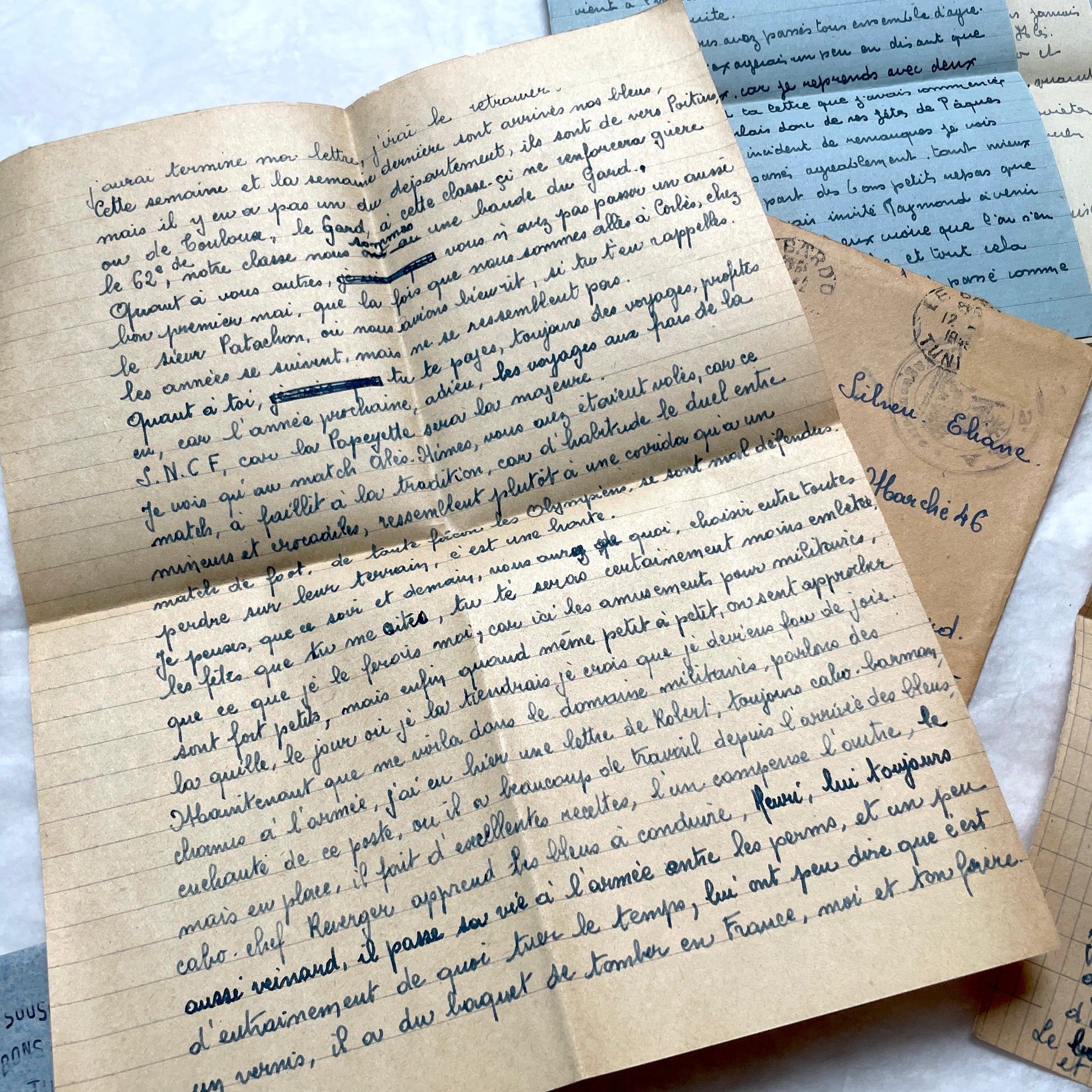 Set of 5 French letters from the 1940s, featuring handwritten script, vintage stamps, and Tunisian postmarks.