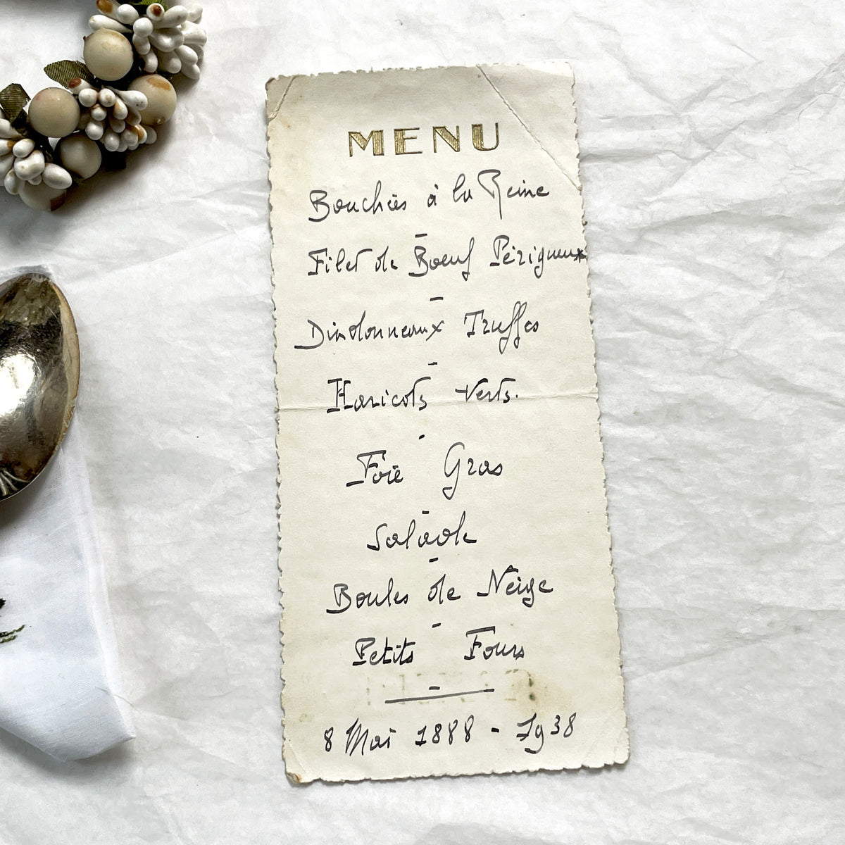 1930s - Vintage French Anniversary Menu - Elegant Hand-Written Dinner - Classic Cuisine - Historical Culinary Document - May 8, 1938