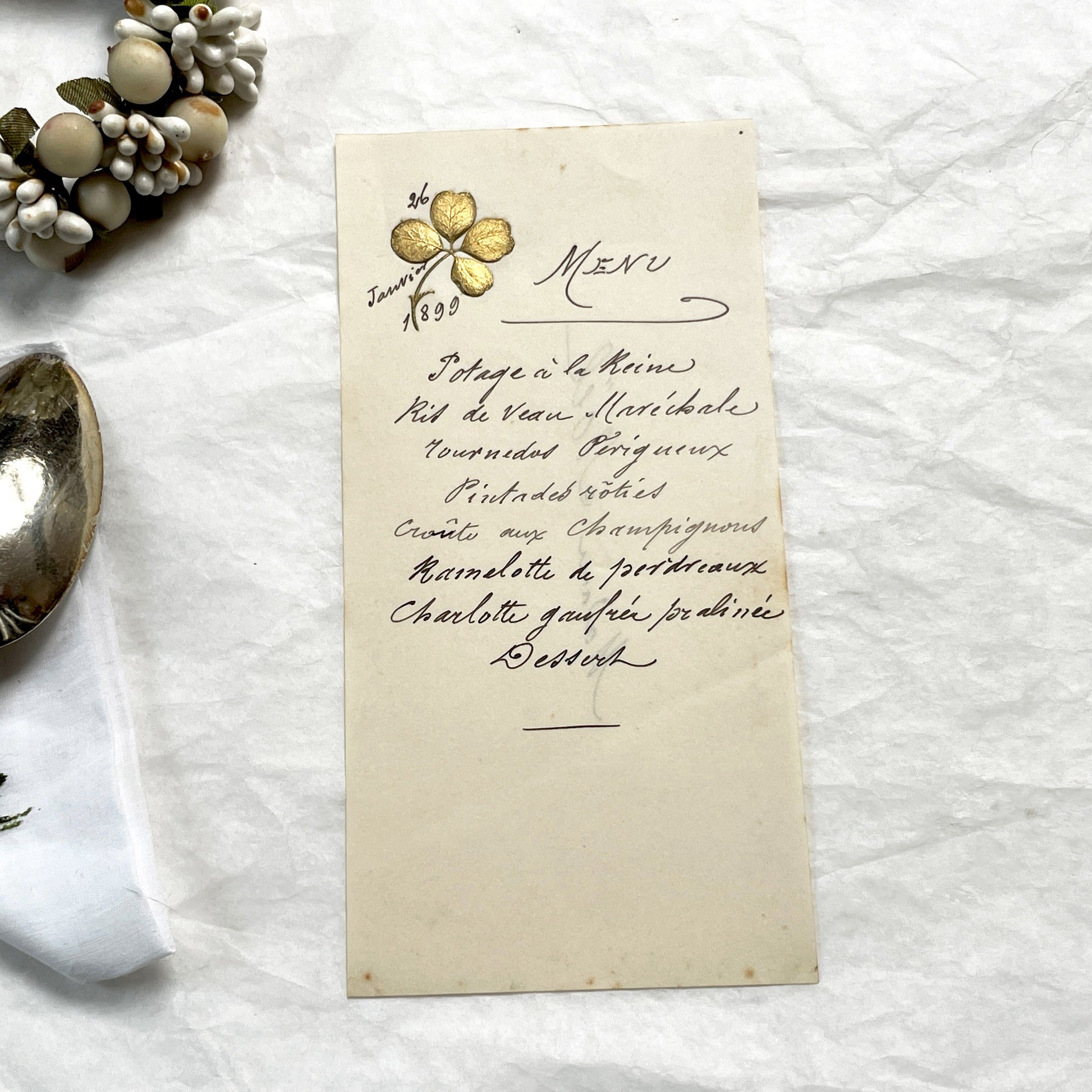 Late 19th - January 1899 French Dinner Menu - Elegant Handwritten Culinary Document - Gold Clover Motif - Historical Fine Dining Experience
