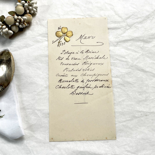 Late 19th - January 1899 French Dinner Menu - Elegant Handwritten Culinary Document - Gold Clover Motif - Historical Fine Dining Experience