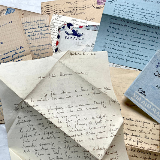 1950s French letters and envelopes set, handwritten correspondence with airmail markings and postmarks.
