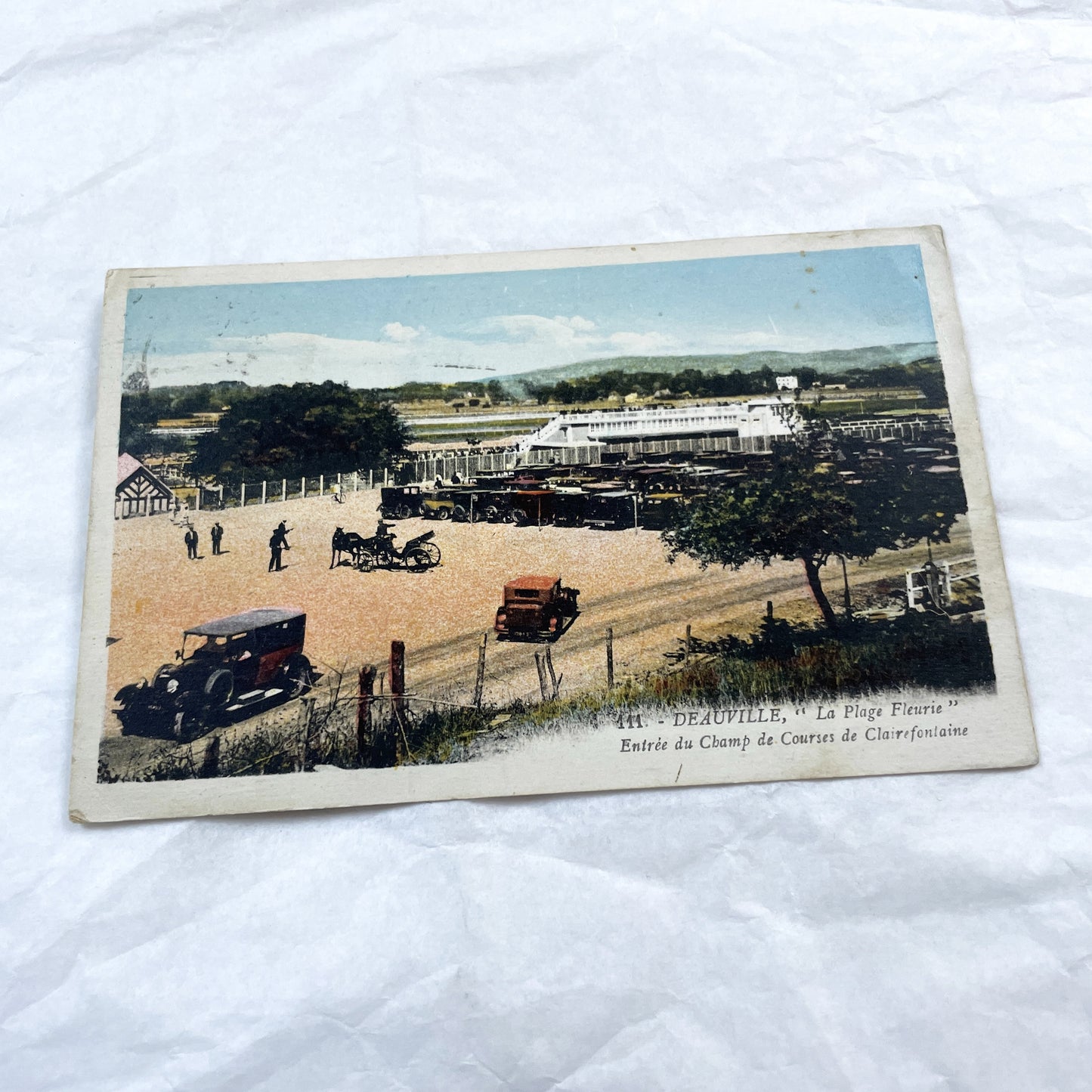 1920s - Deauville Clairefontaine Racecourse Entrance - Vintage French Postcard - Normandy Horse Racing Scene - Historic Cars Architecture