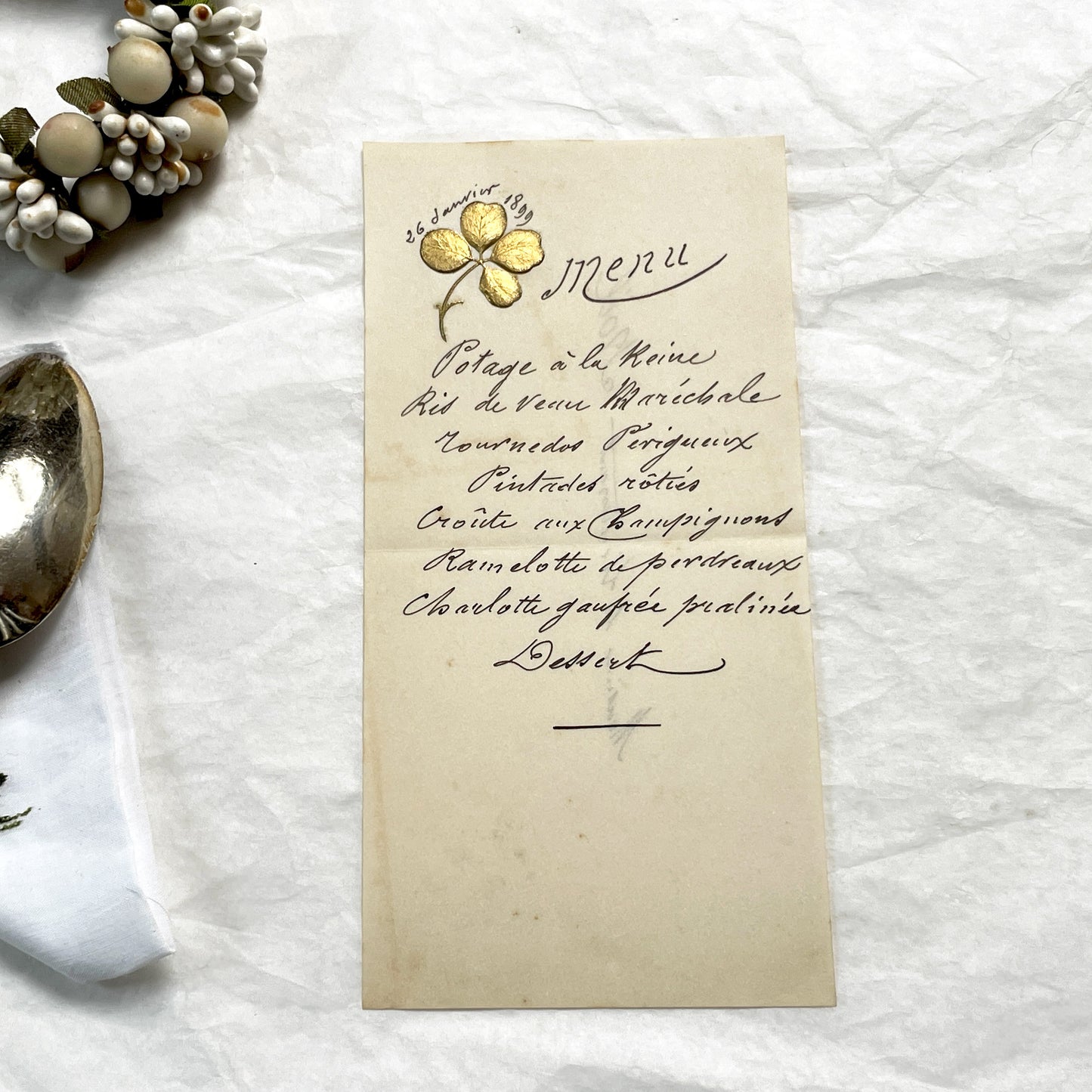 Late 19th - Exquisite 1899 French Menu - Hand-scripted Dining Card - Elegant Culinary Experience - Vintage Collectible