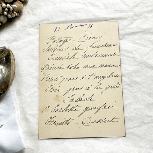 Late 19th - Handwritten French Menu Card - Elegant Dinner - Foie Gras - Roasted Turkey - Charlotte Gaufree - Culinary History Document