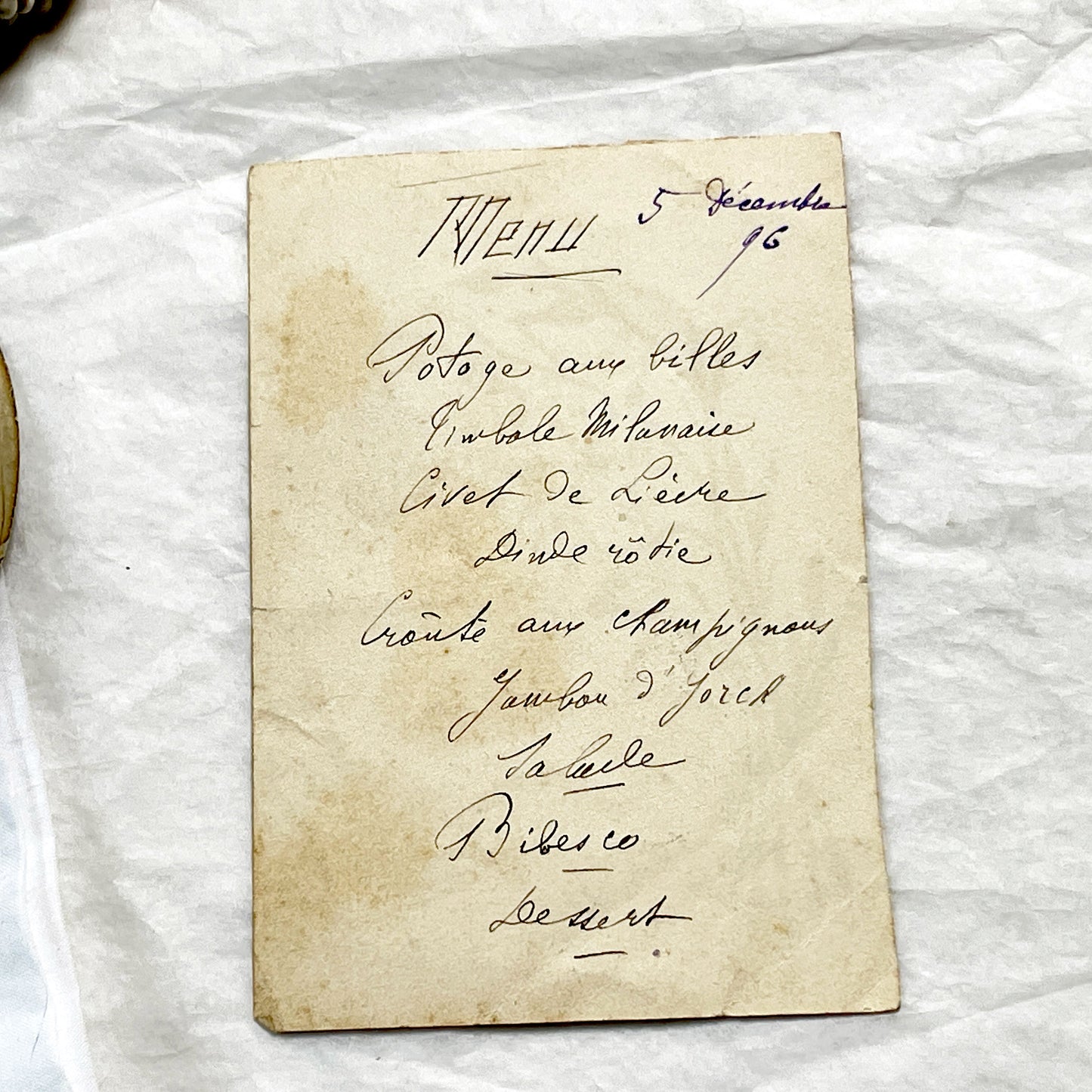 1890s - French Handwritten Menu Card - Elegant Culinary History - Vintage Dining Experience - December 1896 Festive Meal