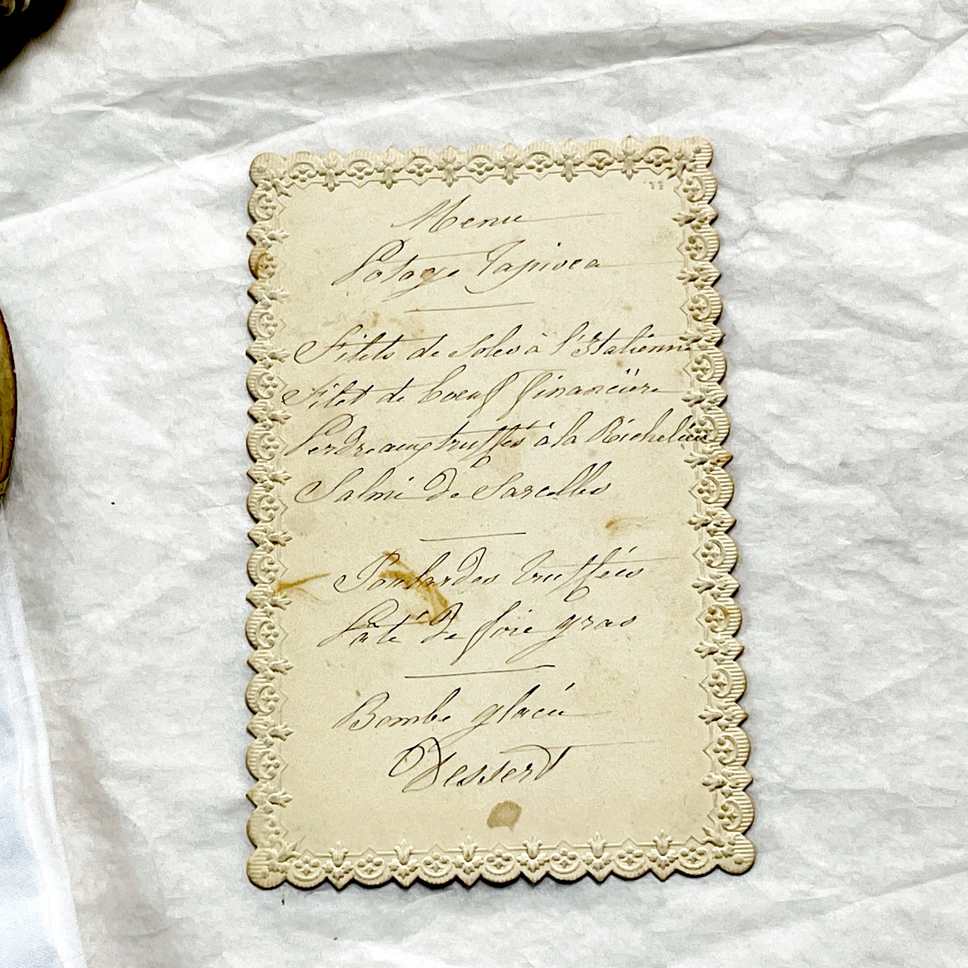 Late 19th - Ornate French Menu Card - Handwritten Fine Dining Dishes - Distinguished Guest Experience - Culinary History.