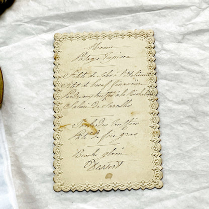 Late 19th - Ornate French Menu Card - Handwritten Fine Dining Dishes - Distinguished Guest Experience - Culinary History.