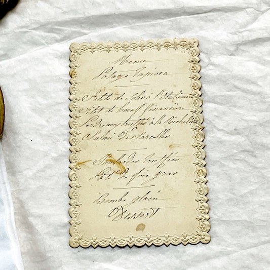 Late 19th - Ornate French Menu Card - Handwritten Fine Dining Dishes - Distinguished Guest Experience - Culinary History.