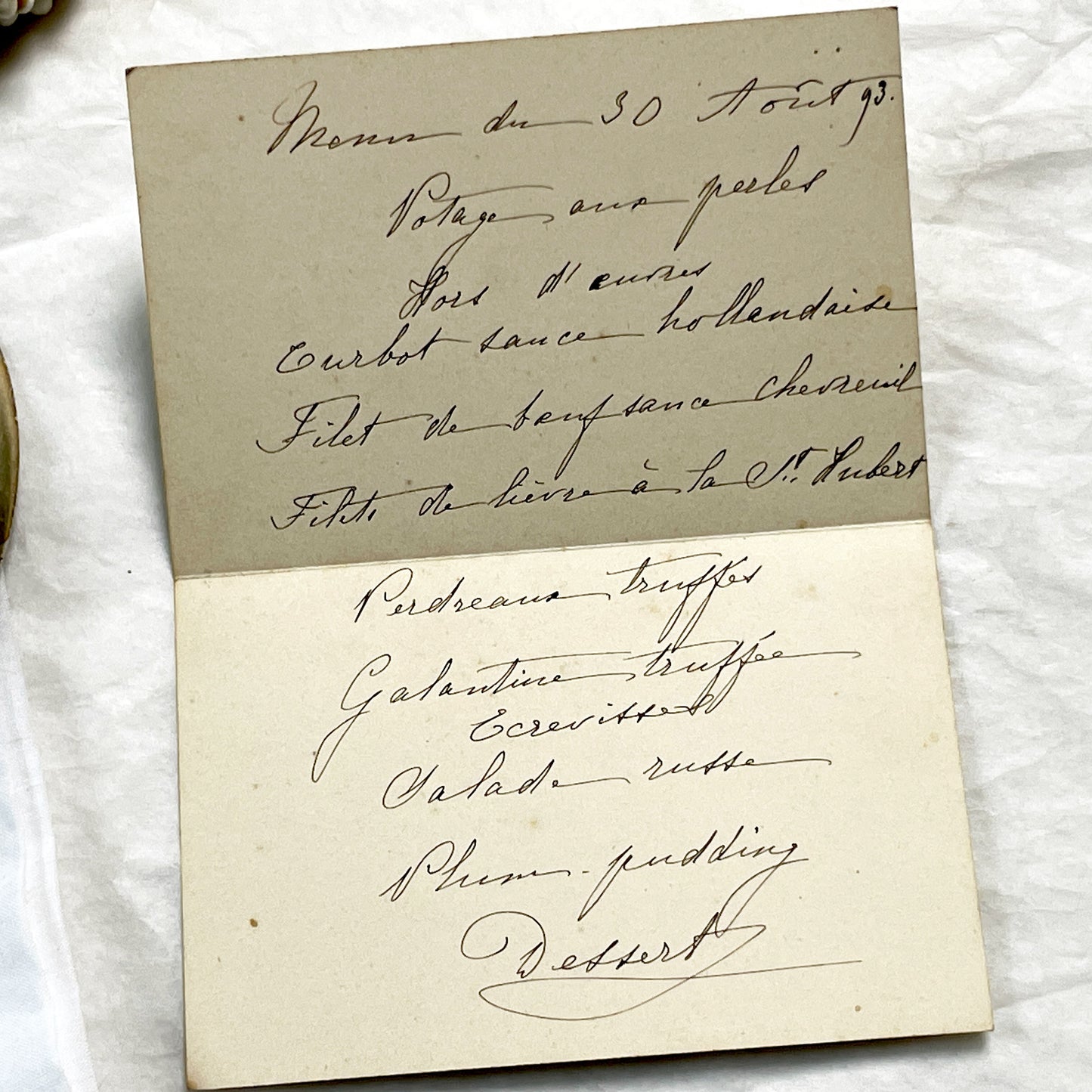 Late 19th - Handwritten French Menu Card from 1893 - Formal Dinner - Vintage Culinary Document - Historical Gastronomy
