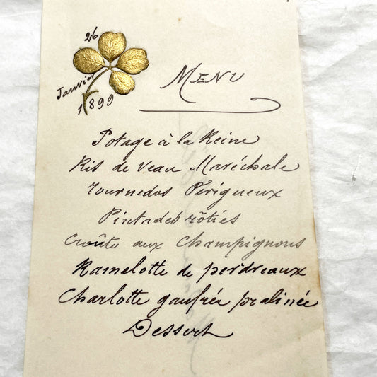 Late 19th - January 1899 French Dinner Menu - Elegant Handwritten Culinary Document - Gold Clover Motif - Historical Fine Dining Experience