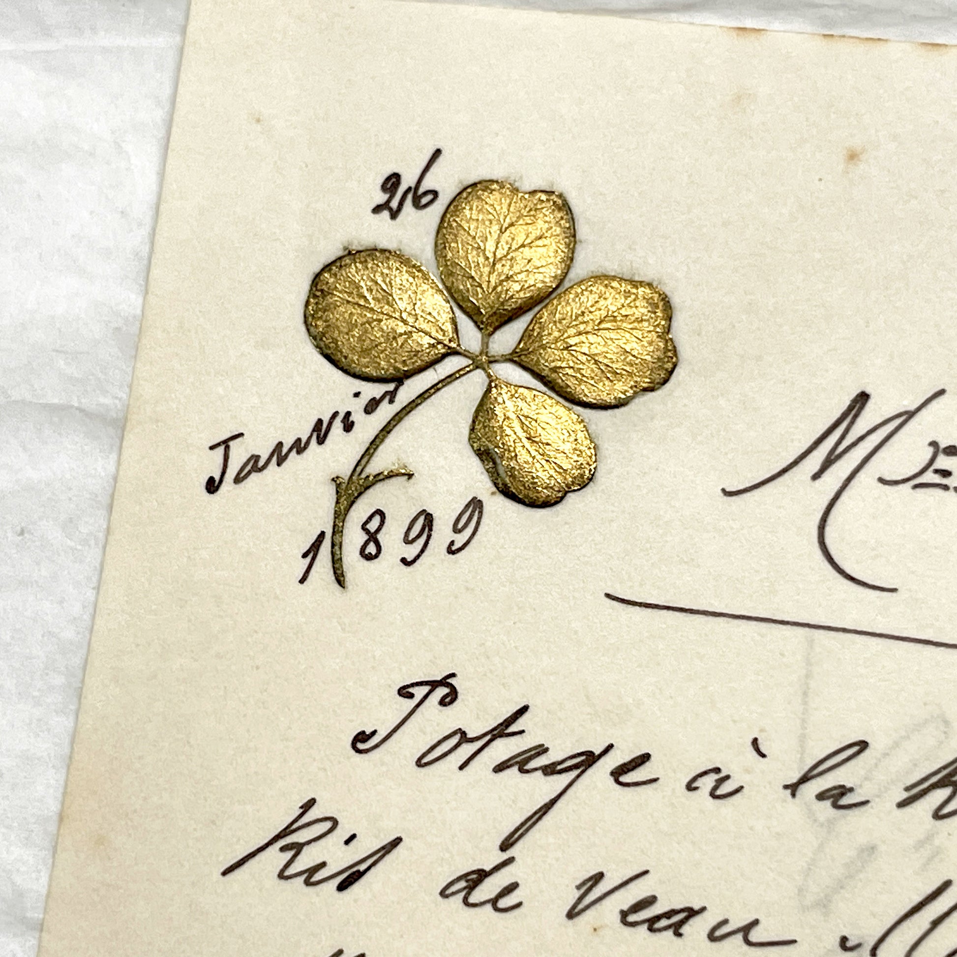 Late 19th - January 1899 French Dinner Menu - Elegant Handwritten Culinary Document - Gold Clover Motif - Historical Fine Dining Experience
