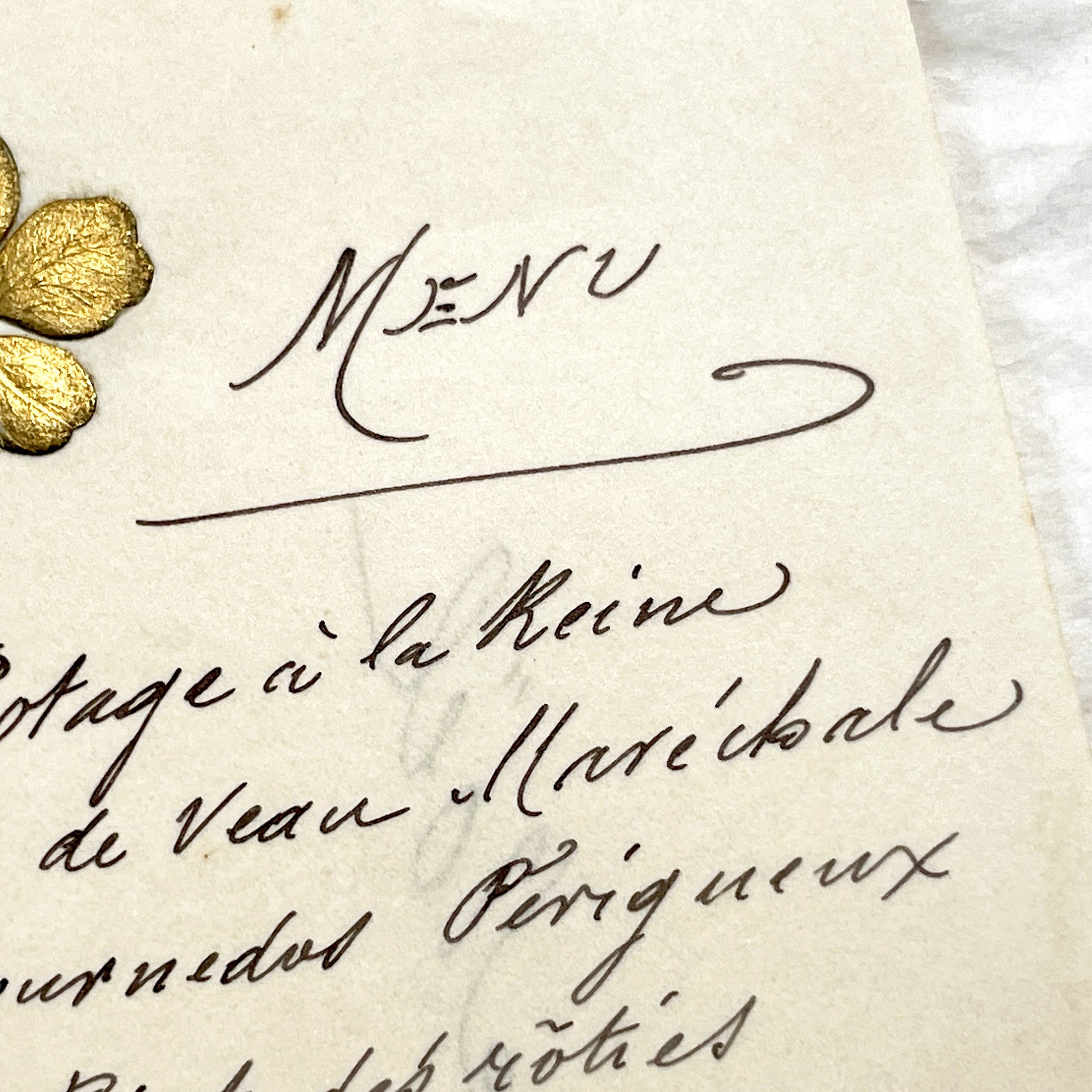 Late 19th - January 1899 French Dinner Menu - Elegant Handwritten Culinary Document - Gold Clover Motif - Historical Fine Dining Experience