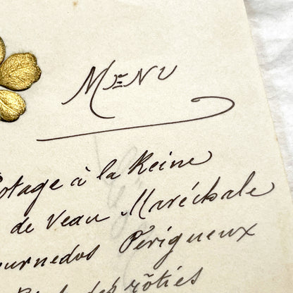 Late 19th - January 1899 French Dinner Menu - Elegant Handwritten Culinary Document - Gold Clover Motif - Historical Fine Dining Experience