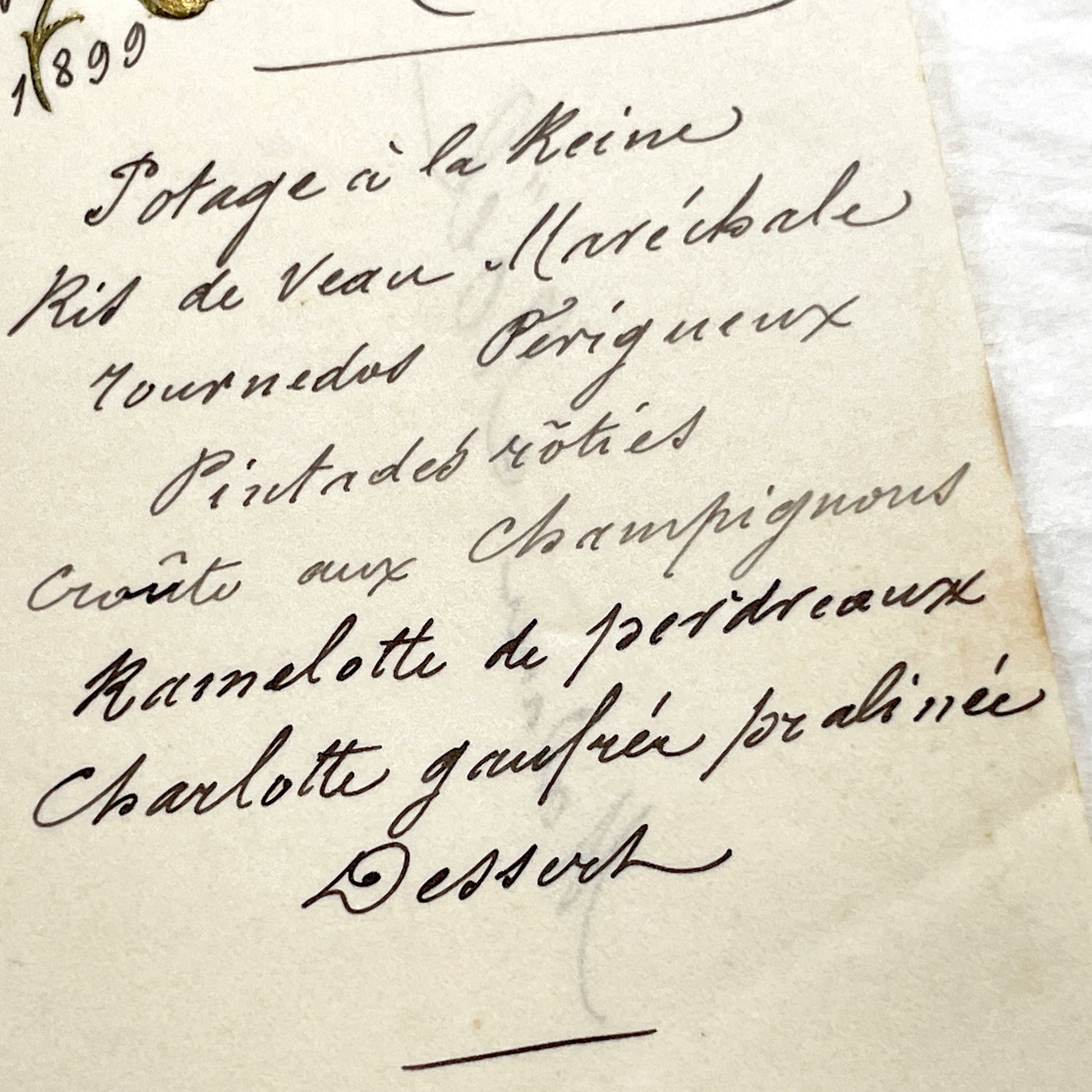 Late 19th - January 1899 French Dinner Menu - Elegant Handwritten Culinary Document - Gold Clover Motif - Historical Fine Dining Experience