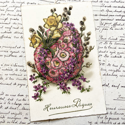 1920s - Vintage Easter Postcard - French Greeting - Glitter Embellished Floral Design - Antique Holiday Collectible Card - Spring Floral Art