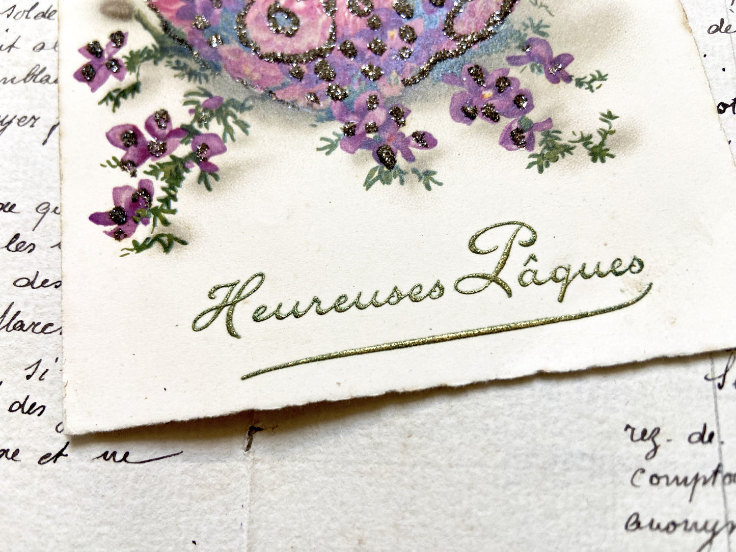 1920s - Vintage Easter Postcard - French Greeting - Glitter Embellished Floral Design - Antique Holiday Collectible Card - Spring Floral Art