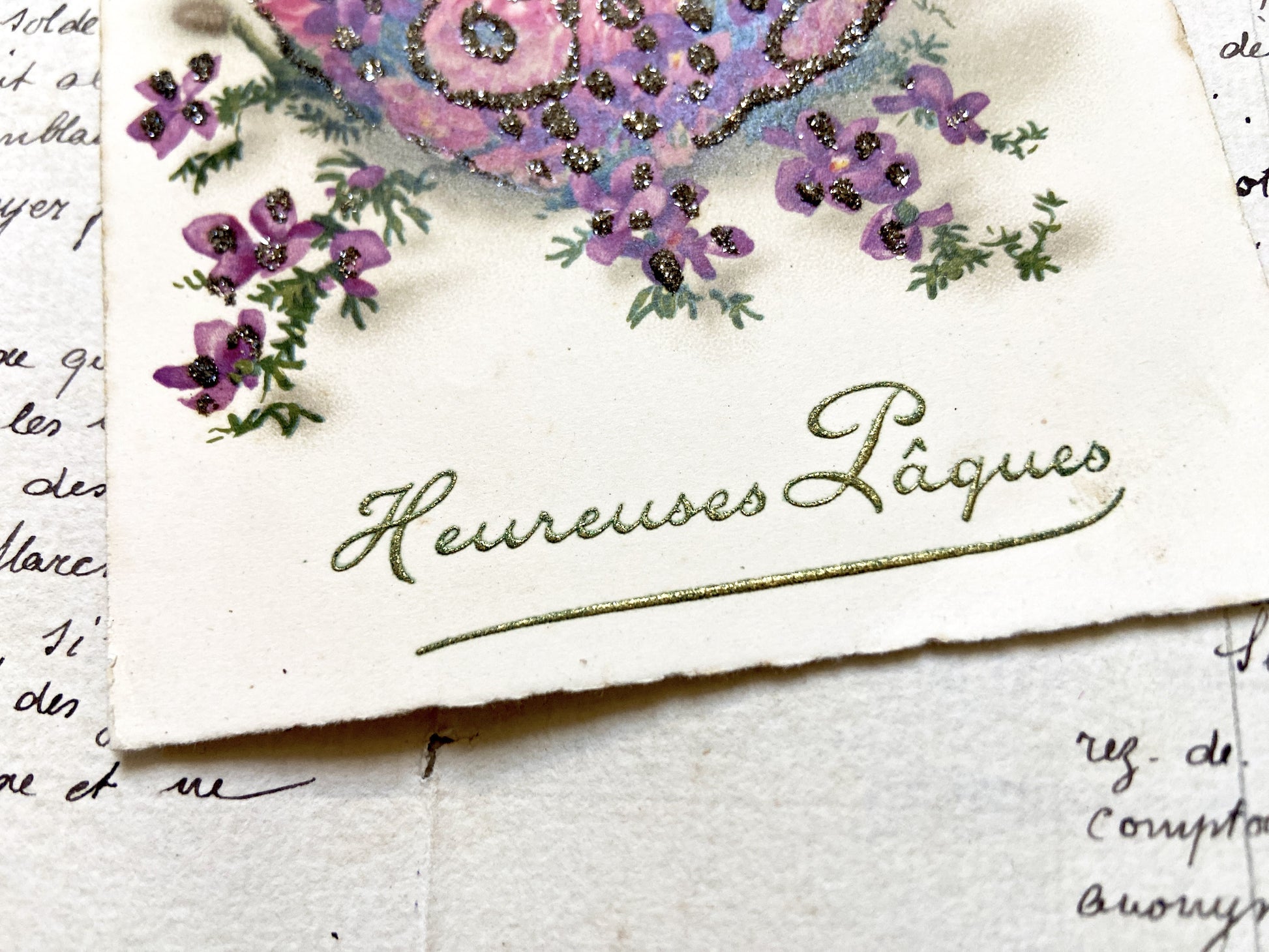 1920s - Vintage Easter Postcard - French Greeting - Glitter Embellished Floral Design - Antique Holiday Collectible Card - Spring Floral Art